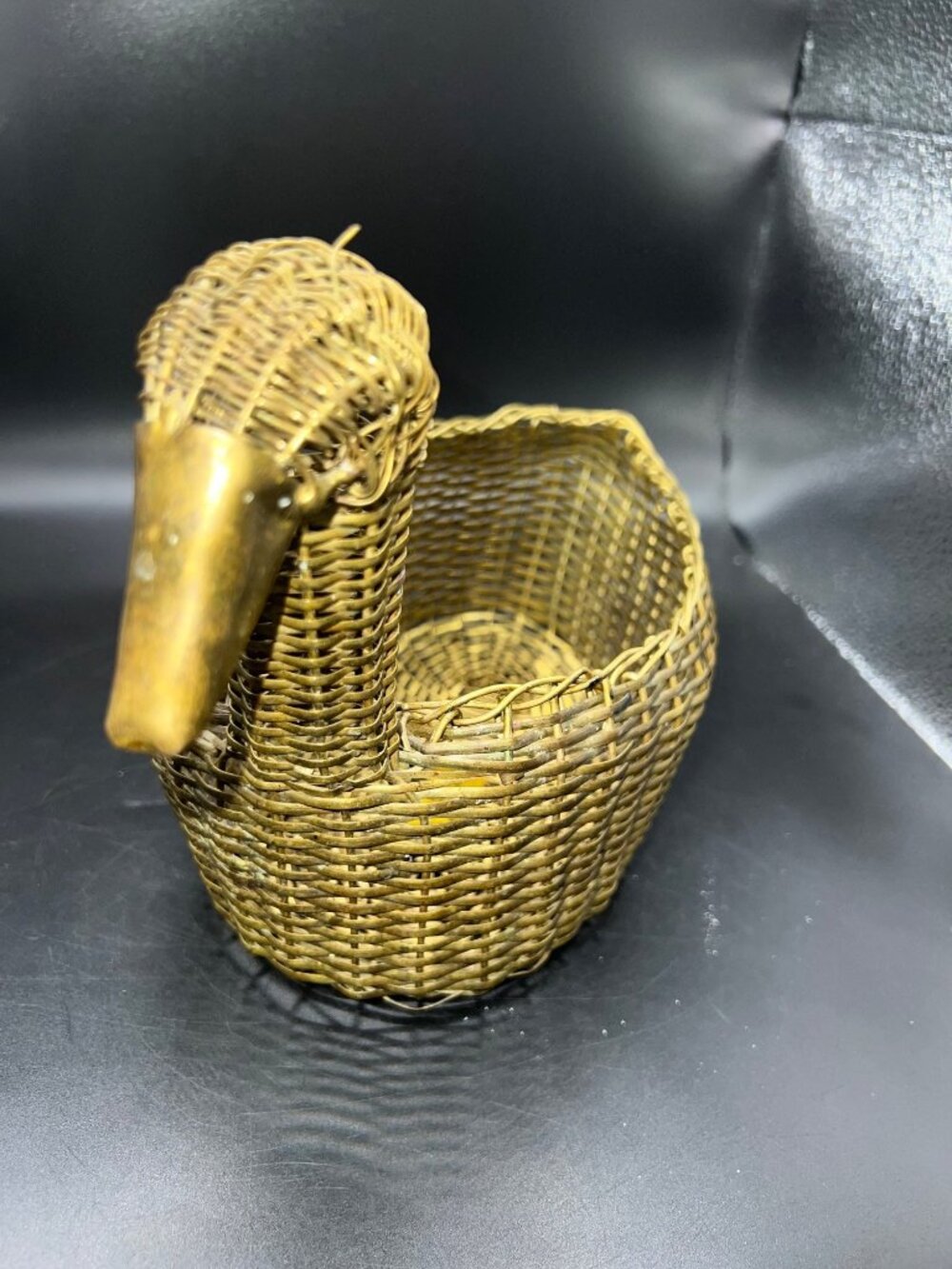 Brass Duck Shaped Basket Handwoven Vintage Rustic Charm Mid Century Style India